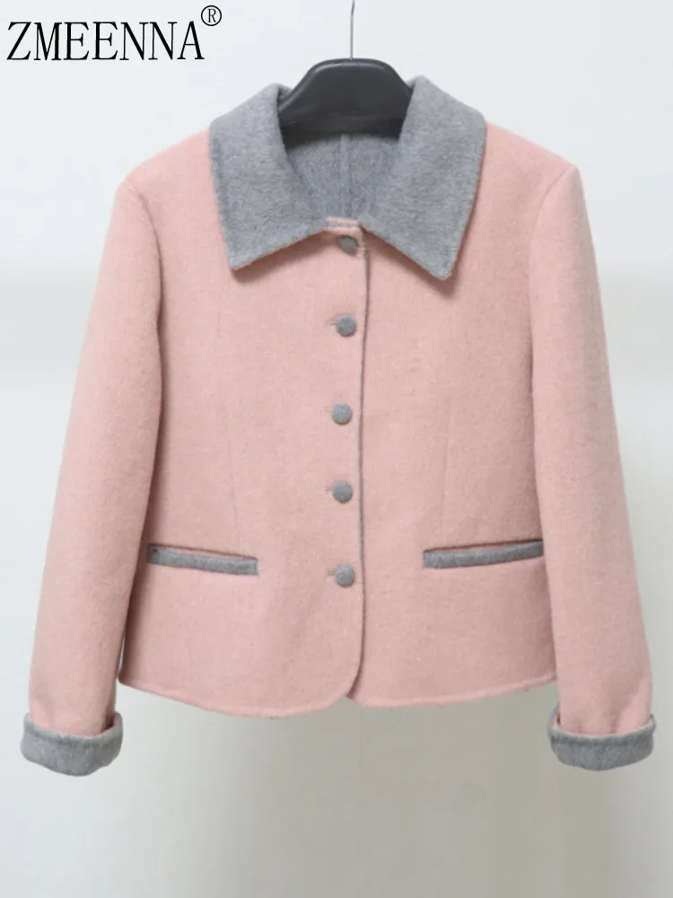 

ZMEENNA женская элегантная розовая серая шерстяная короткая куртка с контрастным воротником, однобортная верхняя одежда, подходящее осеннее пальто ZM4681