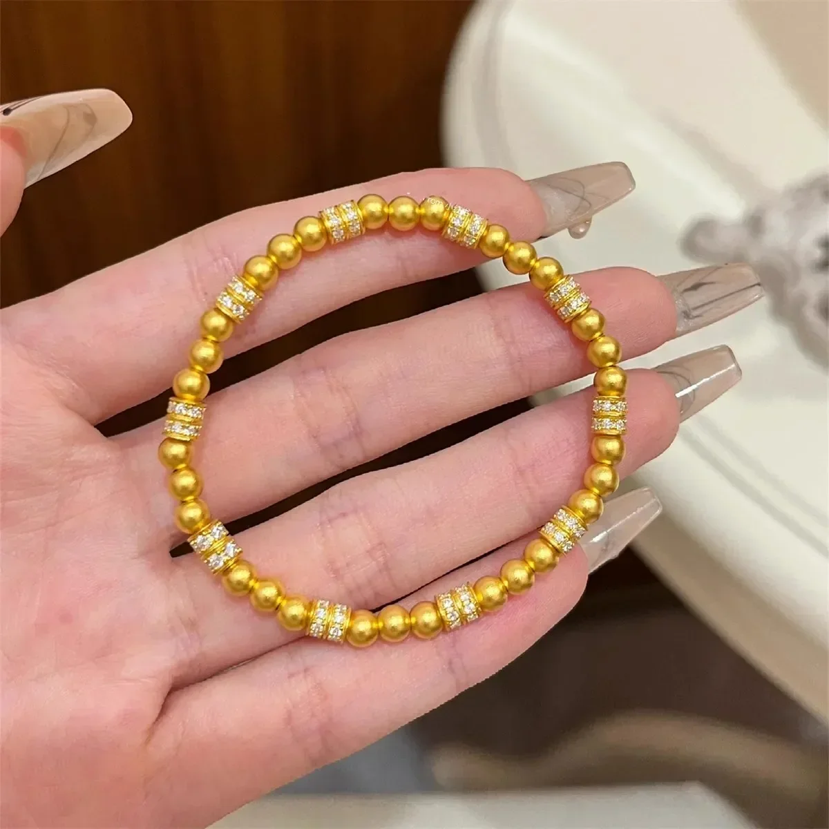 Eldorado Gold  2025 18k gold AU750 diamond studded zircon bead bracelet for women, delicate elastic rope, transfer bead bracelet