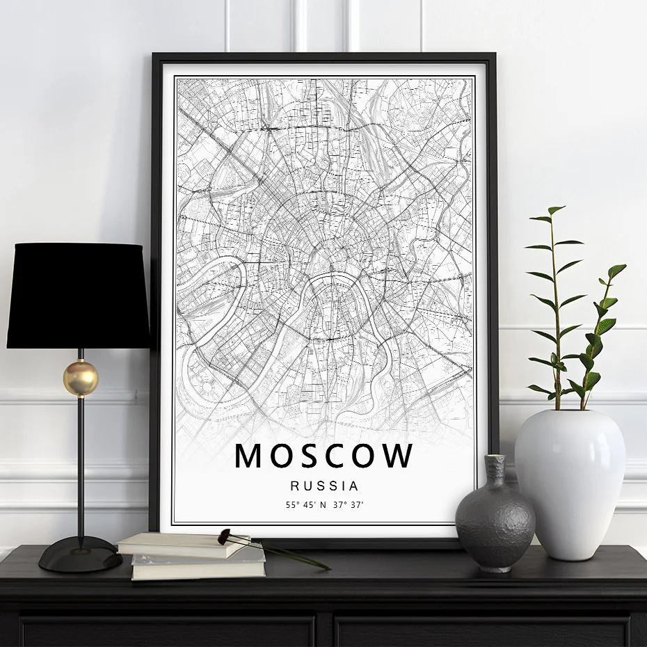 Black White Moscow St Petersburg City Map Russia Posters Prints Canvas Painting Modern Wall Art Pictures Living Room Home Decor