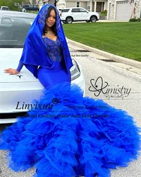 Luxuy Applique Sequins Long Prom Dress Sparkly Beads Rhinestone Tiered Ruffle Formal Evening Party Gown Sexy Long Robe De Soiree