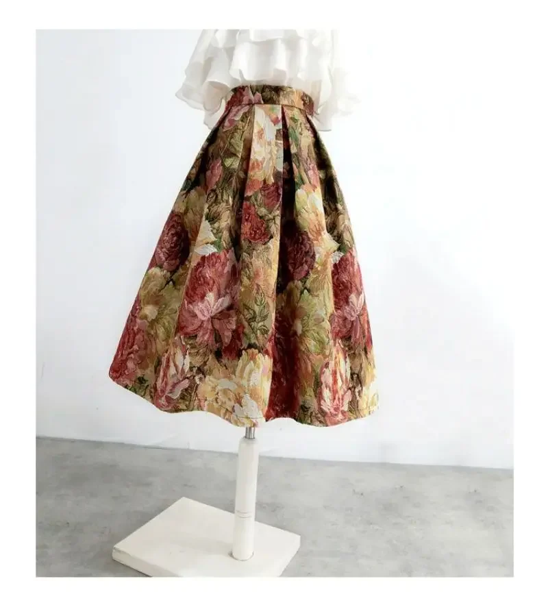Französisch Malerei Floral Elegante Chic Hohe Taille Ballkleid Lose frauen Rock Knielangen Lange Röcke Für Frauen Kleidung mode – Detail 6