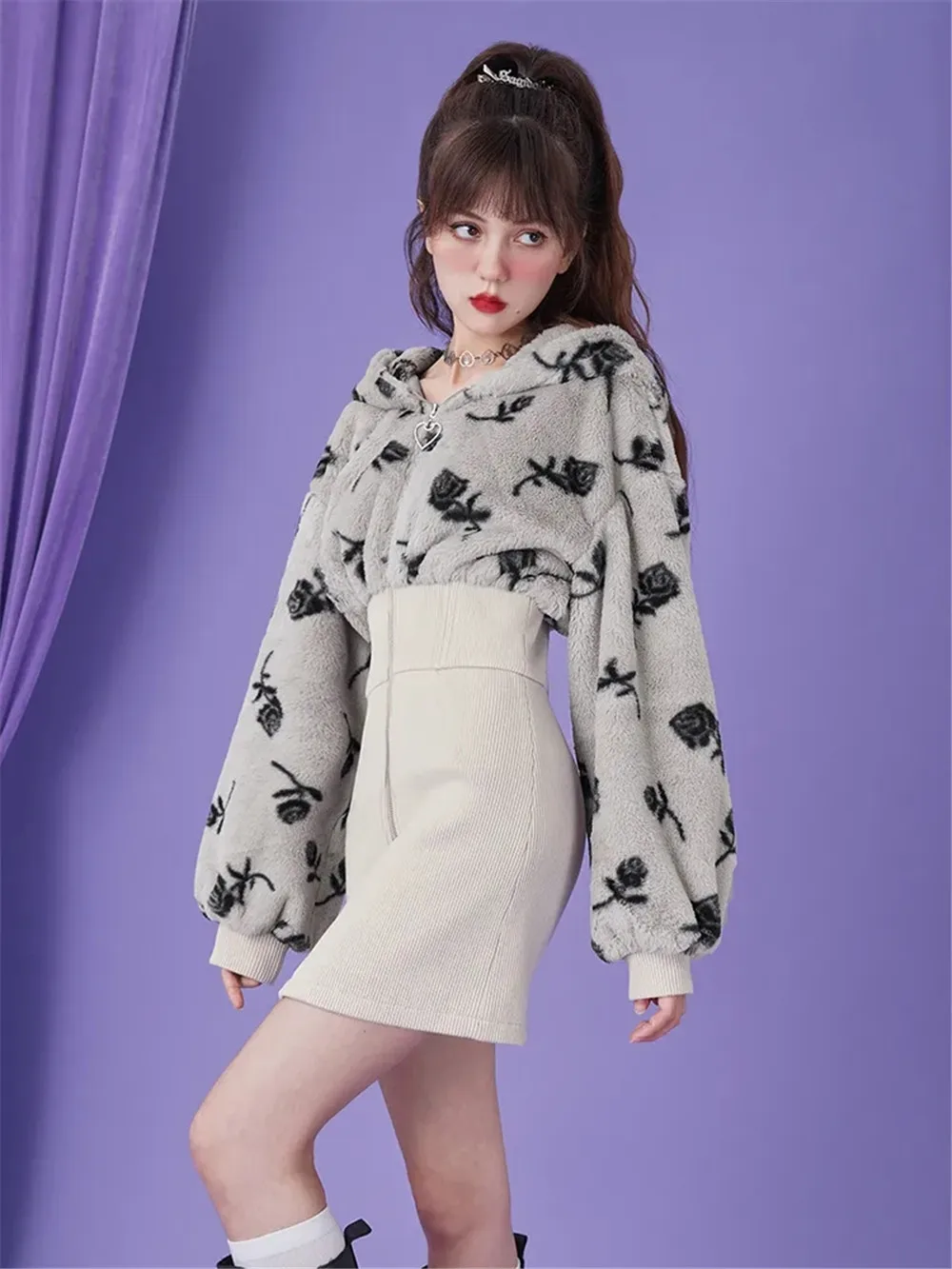 Trendy2K2024 New Girl Fighting Spirit Pure Desire Small Waist Fine Long-Sleeved Plush Hoodie Dress Package Hip Skirt Slim Body