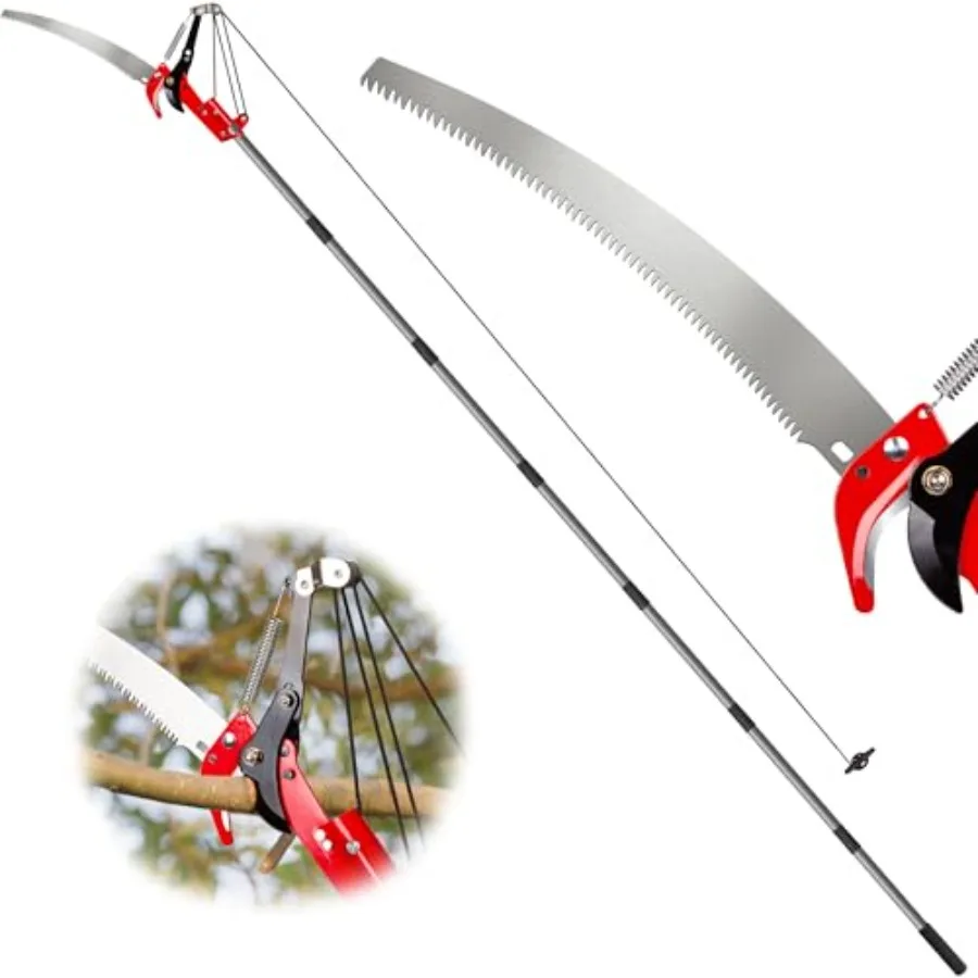 10Feet Pole Saw for Tree Trimming, Manual Tree Pruner with Steel Blade and Scissors, Long Handle Branch Cutter Pole, Extendable