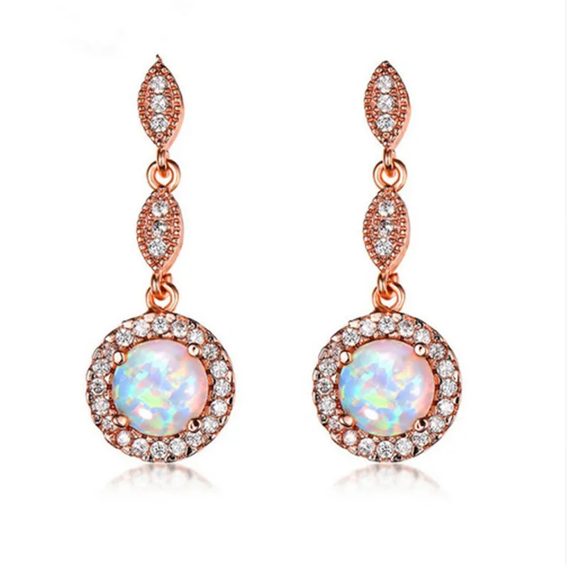 1 Pairs Boho Wit Blauw Imitatie Opaal Oorbellen Ronde Regenboog Steen Rose Gold Filled Green Zirkoon Dangle Drop Voor Vrouwen
