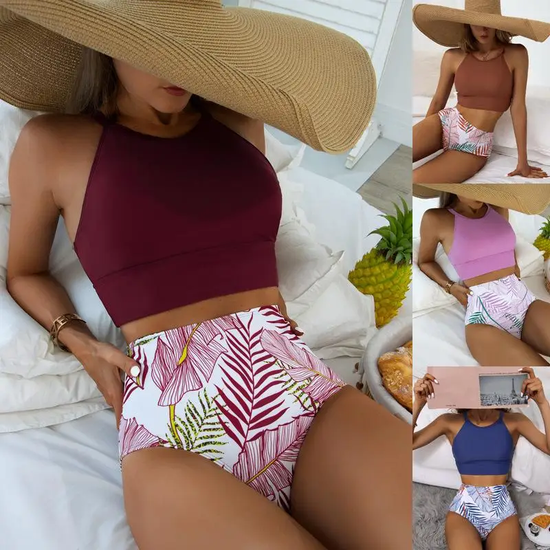 

Женский пляжный купальник с разрезом, боксерские шорты из двух частей, консервативный сексуальный летний купальник с принтом и высокой талией