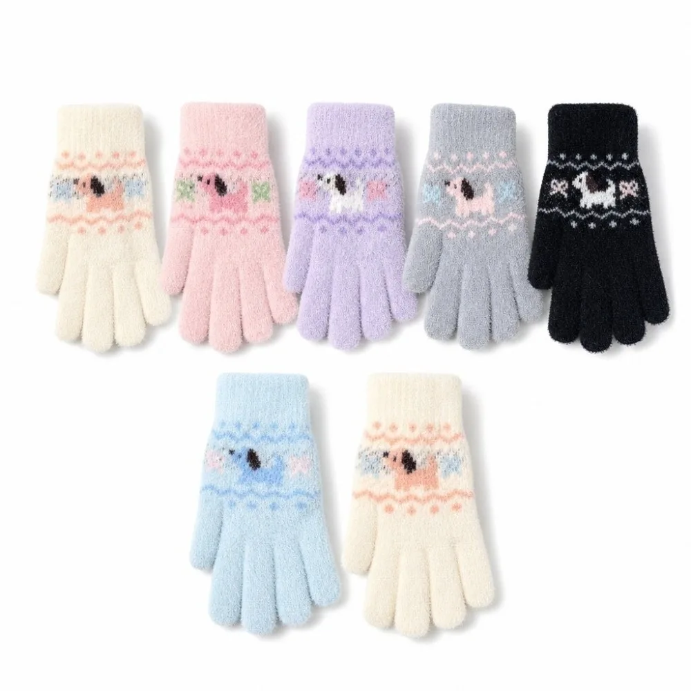 Polyester Dog Pattern Jacquard Knitted Gloves Warm Lining 21x8CM Full Finger One Tip Gloves Outdoor Cycling Gloves Daily Commute