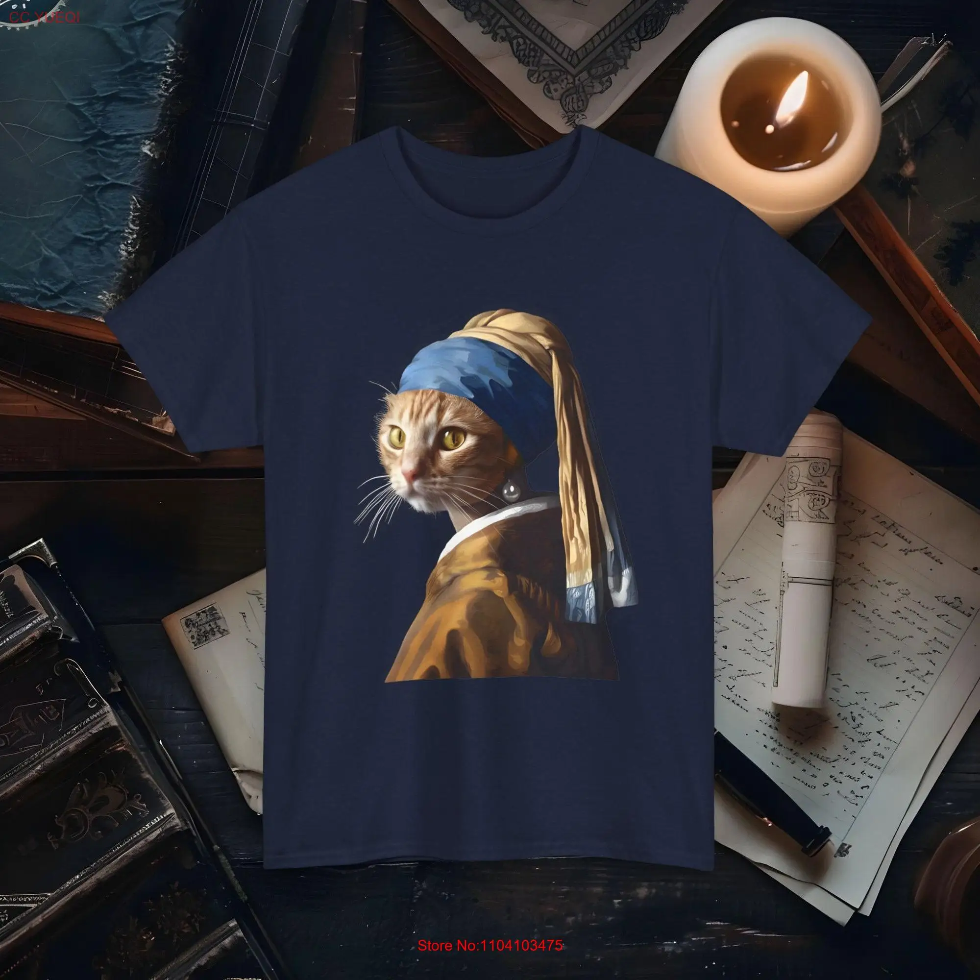 Cat Girl with a Pearl Earring T Shirt Classic Art Parody Whimsical Feline Design for Lovers and long or short sleeves