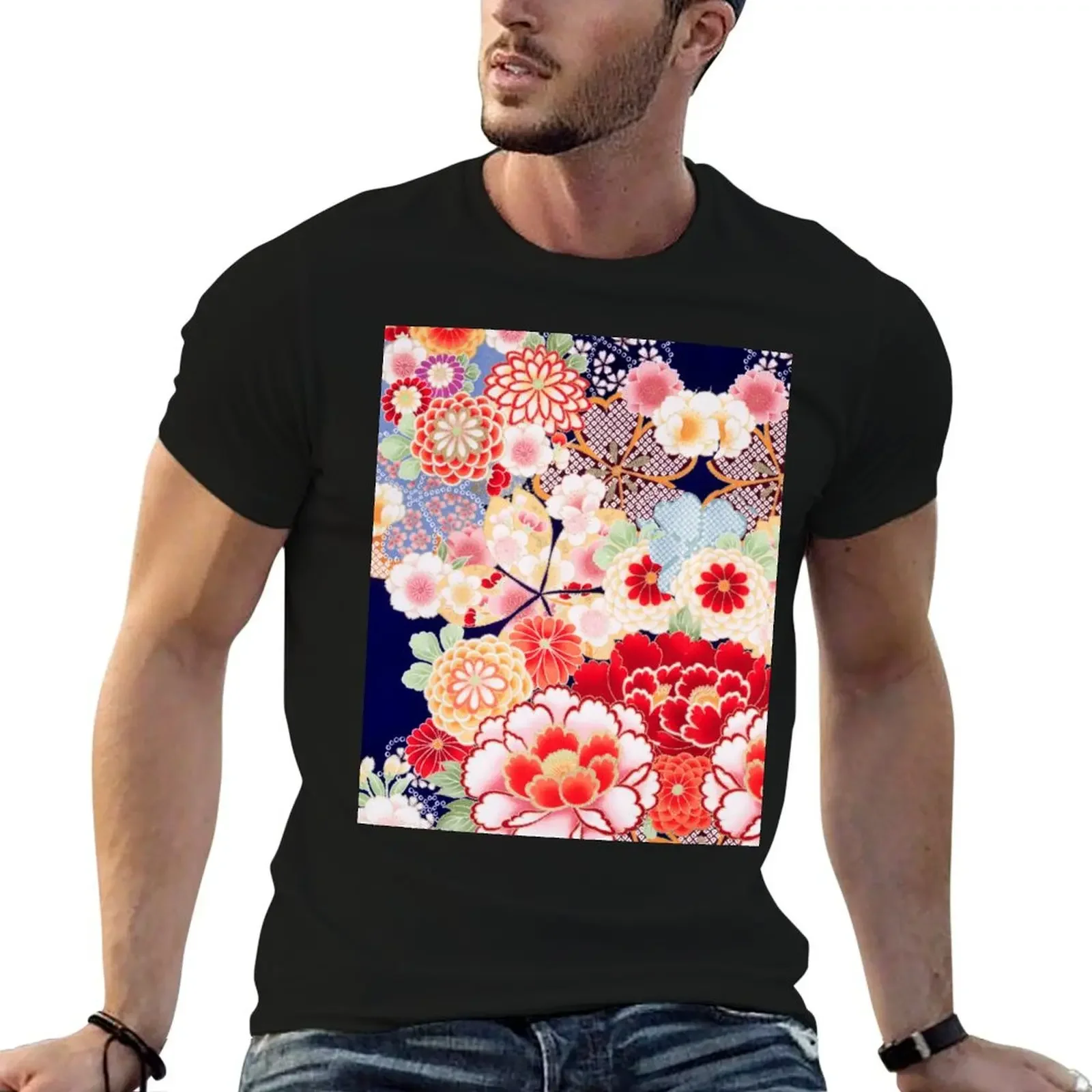 

ANTIQUE JAPANESE FLOWERS Pink White Wild Roses Kimono Style Floral T-Shirt plus sizes mens t shirt