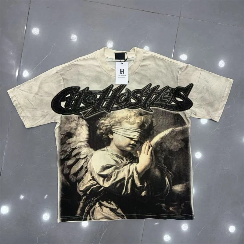 High Street Life Hustlers New Retro Hotfix Rhinestone Spray Horse Slip Printed Short Sleeve Round Neck T-shirt For Men and Women