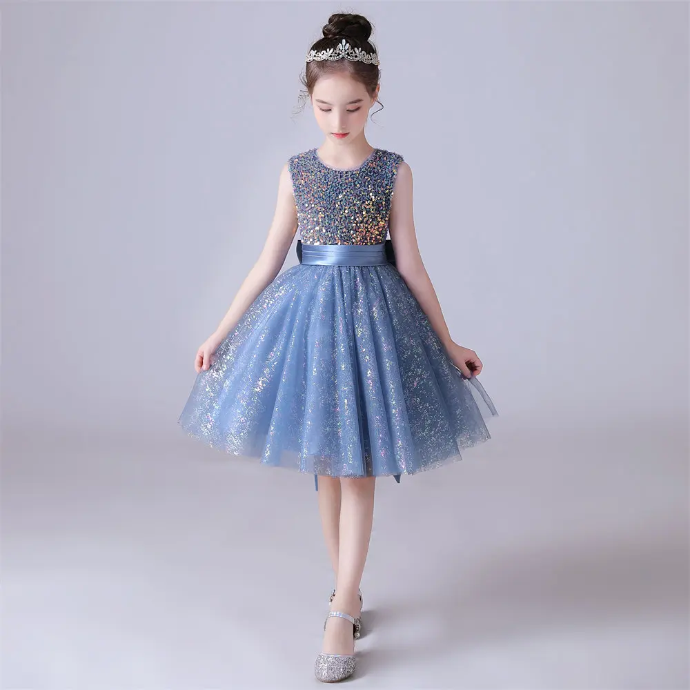 Robe bleue à col rond pour filles, avec nœud brillant, en tulle et paillettes, tenue de princesse formelle pour anniversaire