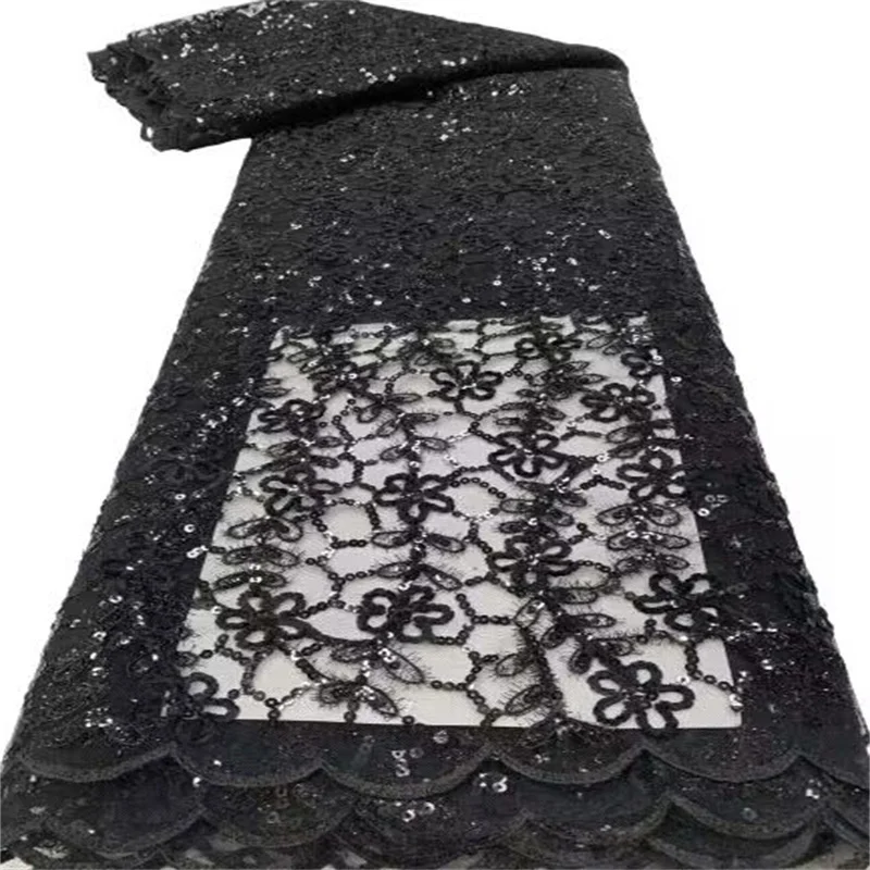 

2023 black French Sequins Tulle Lace 3D Fabric Embroidery Nigerian Mesh Lace Fabrics 5 Yards African Lace Fabric For Wedding