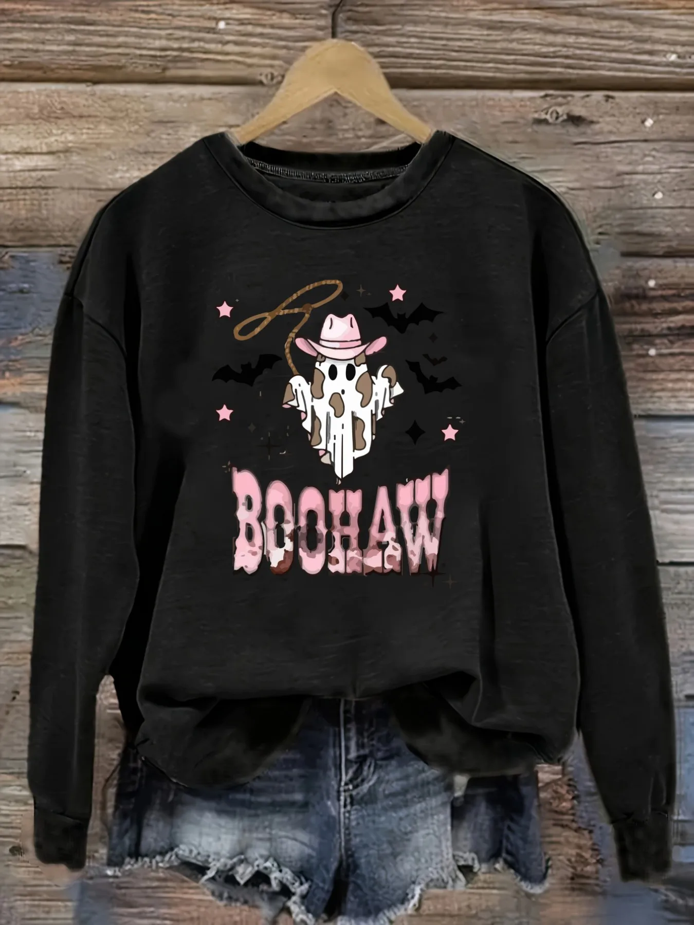 Women's Casual Long Sleeve Crew Neck T-Shirt Cowboy Ghost Boo Haw Print Design, Round Neck Women's Clothing, Machine Washable, Slightly Elastic, Loose Fit, Spring Autumn Winter Women's T-Shirt, Halloween Costume Outfit