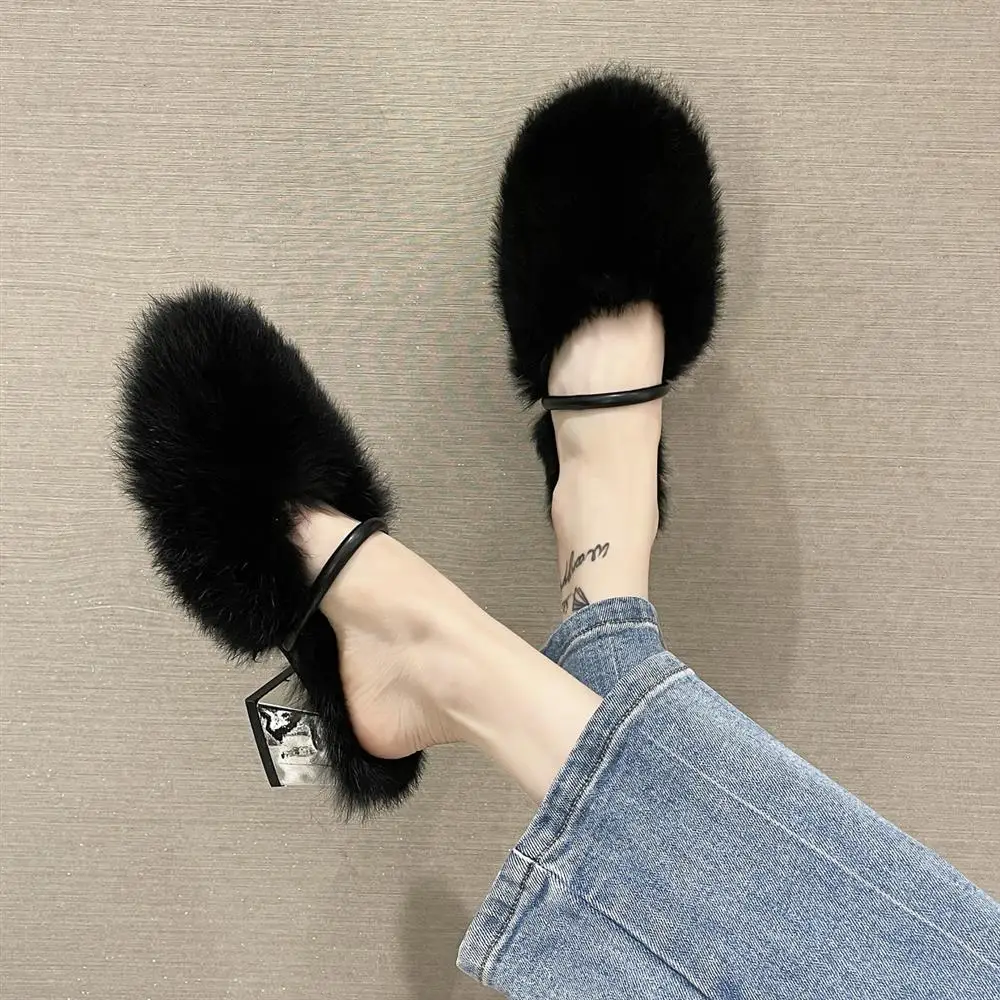 2023 New Fashion Fur Slippers Women Fluffy Plush Soft High Heel Sandals Winter Casual Outdoor Ladies Shoes Warm Cotton Slippers