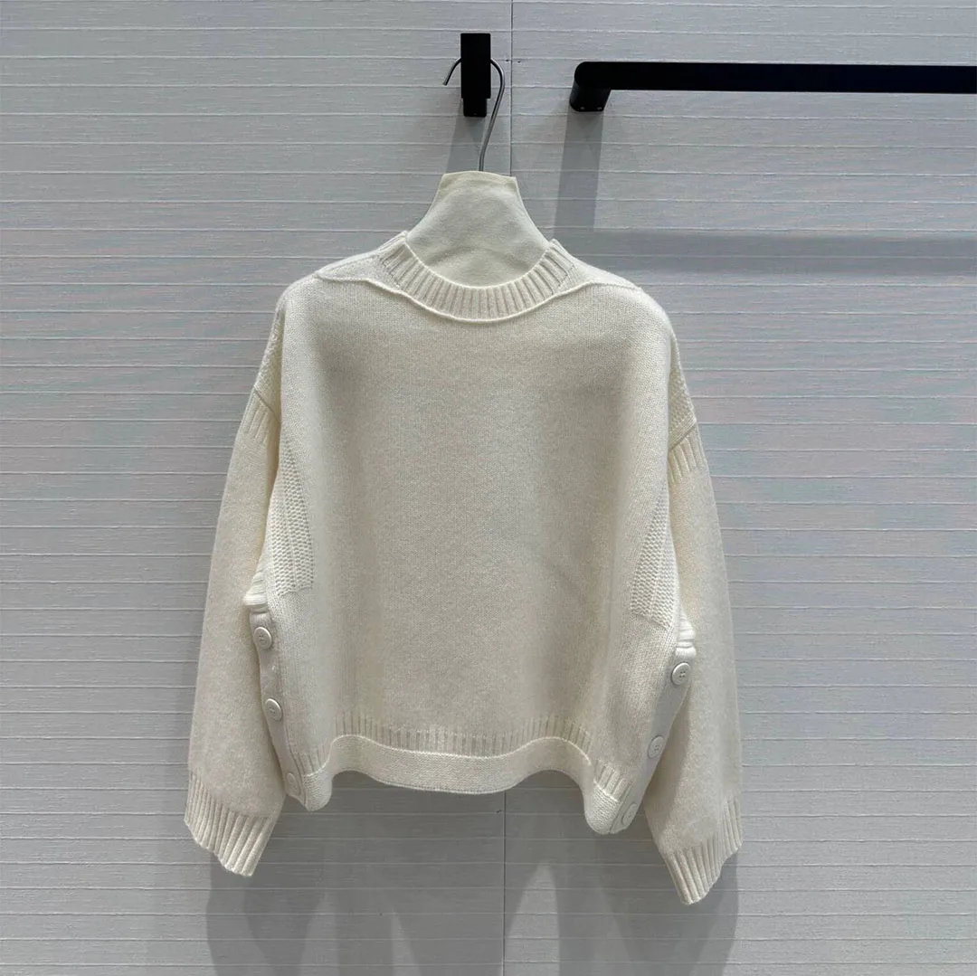 2024 New Autumn Fashion 100% Cashmere Knitted Pullover Women O-neck Long Sleeve Side Buttons Soft Retro Sweater