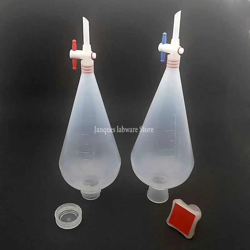 1pc 125/250/500/1000ml Plastic Pear-shaped Separatory funnel with PTFE Piston Dropping Funnel with Socket plug or threaded cap