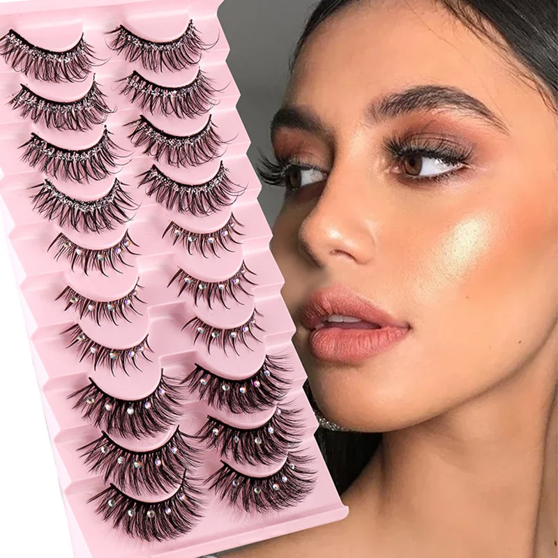 1/5/10 Pairs Natural False Eyelashes Manga Lashes Faux Mink Lashes Soft Winged Natural Realistic Eyelash Extension Paste diamond