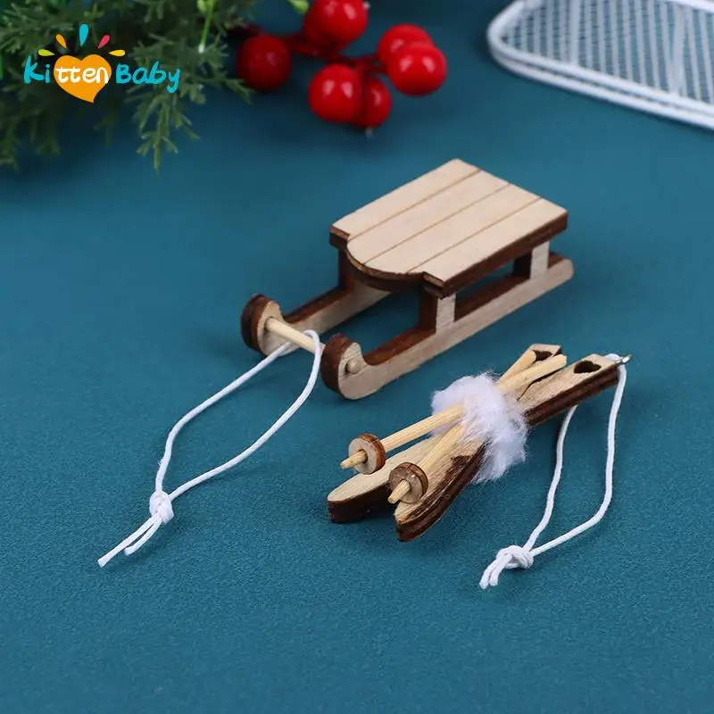 1PCS Dollhouse Miniature Wooden Sleigh Model Sled Ornament Christmas Vintage Living Scene Tree Hanging Decor Xmas Gift Pendant