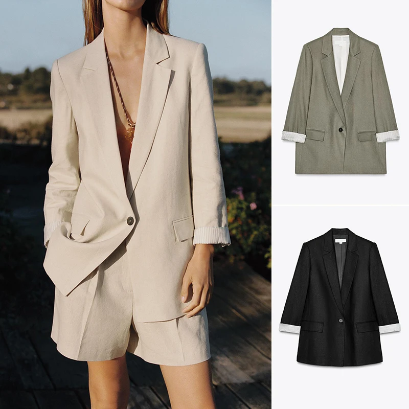 

Новый весенний женский льняной повседневный костюм с принтом манжет Jaet для поездок на работу, свободный крой, длинный све, однотонный, на одной пуговице