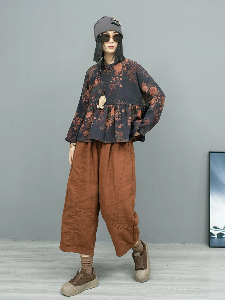 Autumn Vintage Style Diagonal Buckle Floral Long Sleeved Doll Shirt + Wide Leg Pants Two-piece Set Women Pant Set LX2429