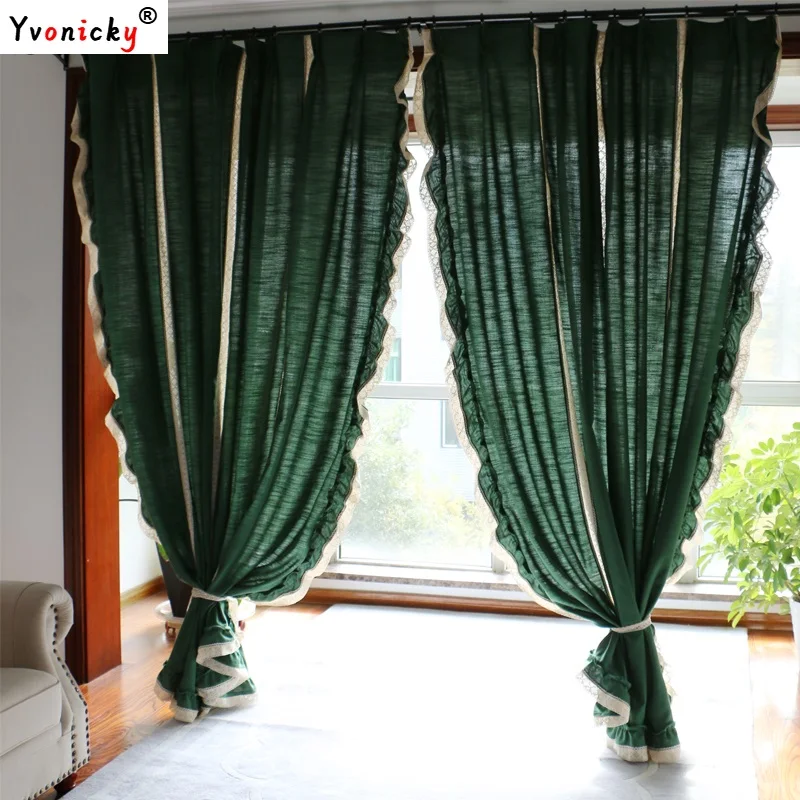 

New American Pastoral Dark Green Blackout Curtains for Living Room Bedroom Premium Linen Shading Curtains with Lace Edge