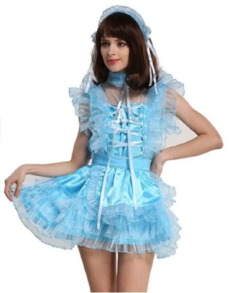 Lockable Sissy Baby Blue Waist Slim Square Yarn Neck Cocktail Dress Maid Adult Baby Cross Dresser Party Daily Unisex Dress