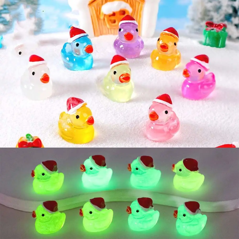 Cartoon Luminous Ducks Figurines with Christmas Hat Resin Crafts Duck Figurines Miniatures DIY Glow in Dark Mini Duck Statue