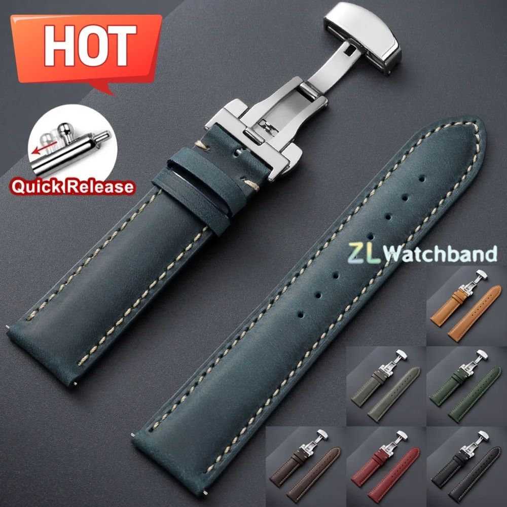 Bracelet de montre en cuir de veau véritable, 14/16/18/20/22/24mm, pour Omega Business, bracelet de montre Seiko, sangle à boucle papillon