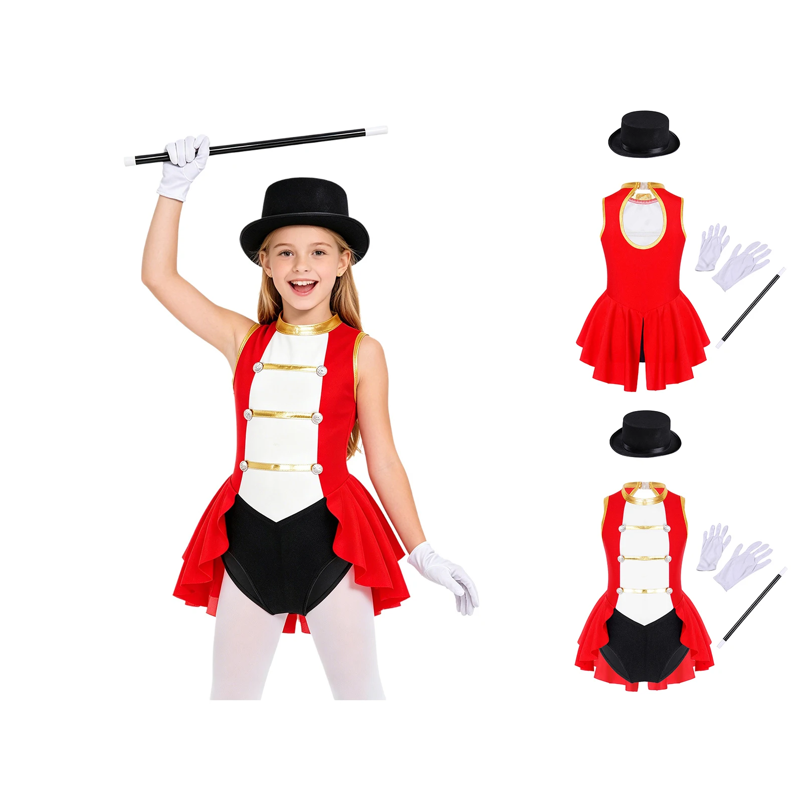 Kids Girls Ringmaster Circus Costume Sleeveless Leotard Dress with Hat Magic Wand Gloves Halloween Magician Lion Tamer Dress Up
