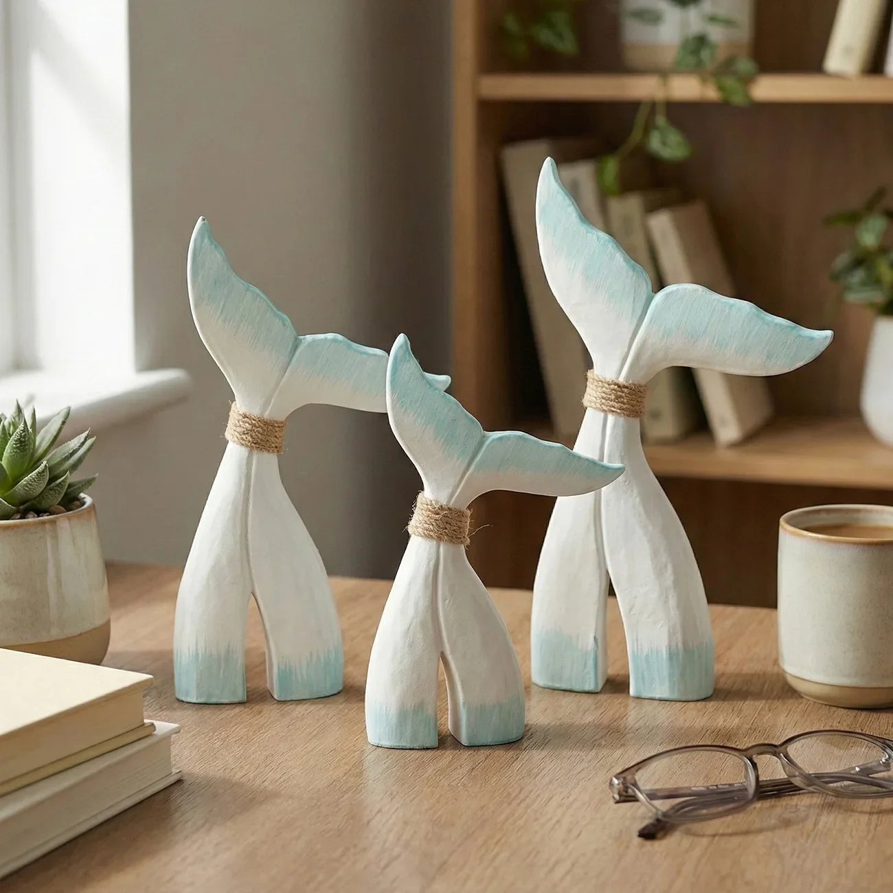 Adornos cola de pez madera de estilo mediterráneo retro, artesanías creativas hechas a mano con forma de cola de ballena