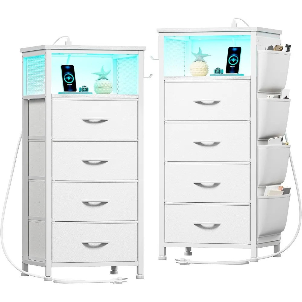 

White Nightstand Set of 2,LED Night Stand with Charging Station,Fabric Dresser for Bedroom, Hallway, Entryway, Living Room, Clos