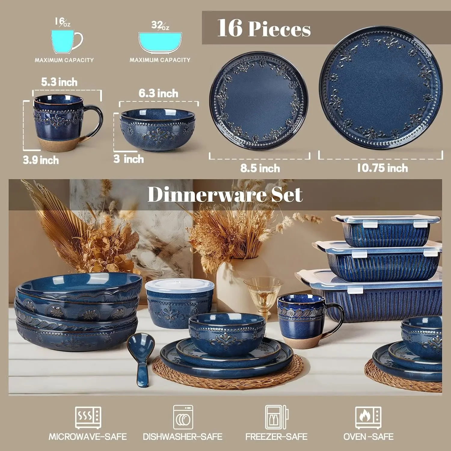 16-Piece Handcrafted Ceramic Dinnerware Set with Mugs, Service for 4 | Reactive Glaze Embossed Plates, Bowls & Mugs, Dishwasher