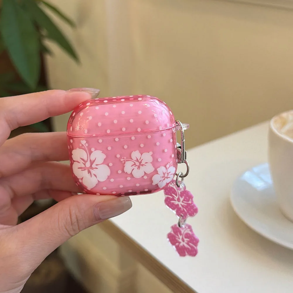 Translucent Pink Case For AirPods Pro 2 3 4 1 Bluetooth Box AirPods Pro 3  Soft Floral Pattern Cover Shell With Flowers Keychain
