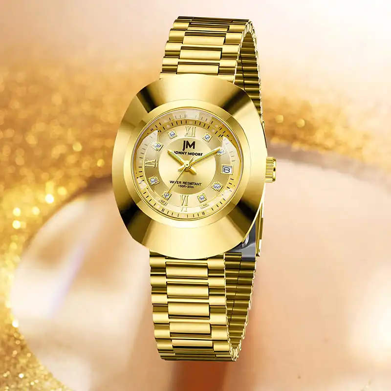 JONNY MOORE 8561 ساعة كوارتز ذهبية عصرية للنساء مع تصميم تاريخ تلقائي ساعات رائعة بحزام فولاذي للنساء Reloj Mujer