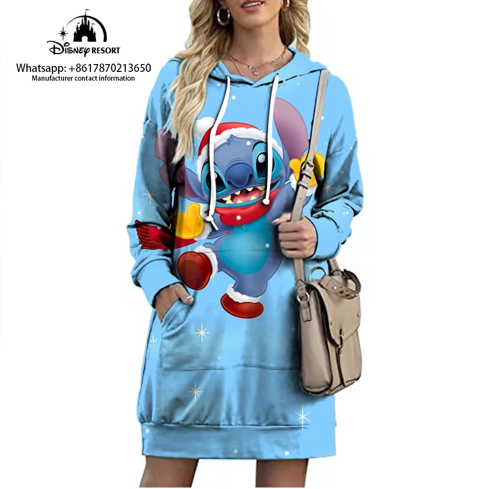 Christmas Disney Brand Stitch Cartoon Long Hoodie Autumn New Mini Sexy Long Sleeved Dress Korean Fashion Elegant Ladies Party