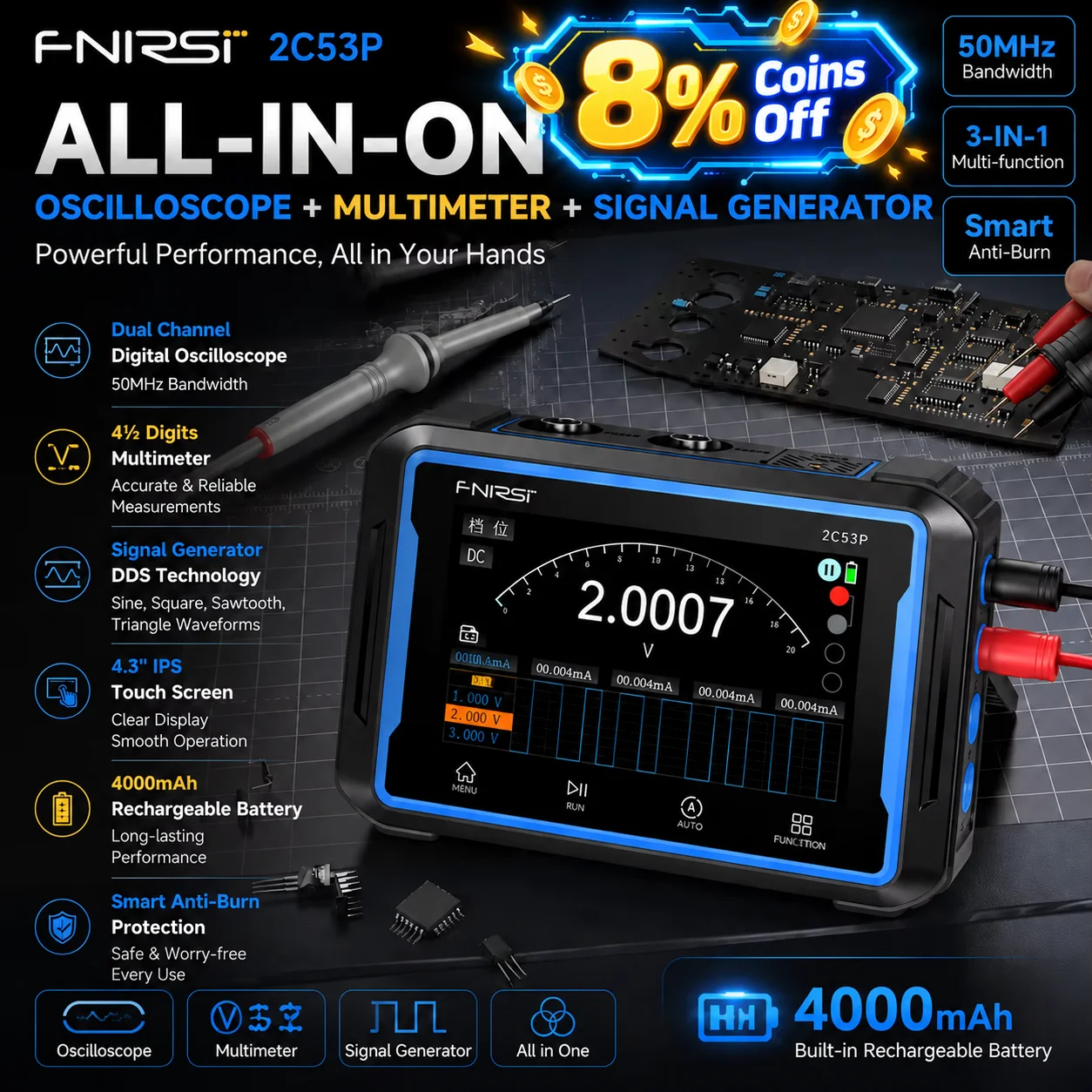 FNIRSI 2C53P 3IN1 Touch Screen Digital Oscilloscope Multimeter Signal Generator Dual Channel 50MHz 250Ms/S 19999 Counts DSO152/3