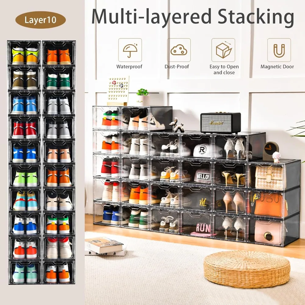 جديد - منظم أحذية كبير جدًا، منظم تخزين الأحذية، 12 عبوة، صندوق أحذية بلاستيكي شفاف قابل للتكديس، قطرة أمامية