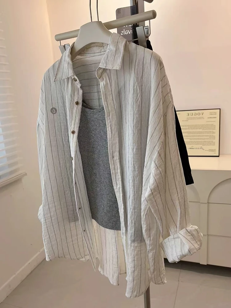 قميص نسائي صيفي فضفاض بأكمام طويلة للحماية من الشمس، ملابس خارجية عصرية، قميص بياقة بولو مخطط مع تفاصيل أزرار، مقاس عادي #4