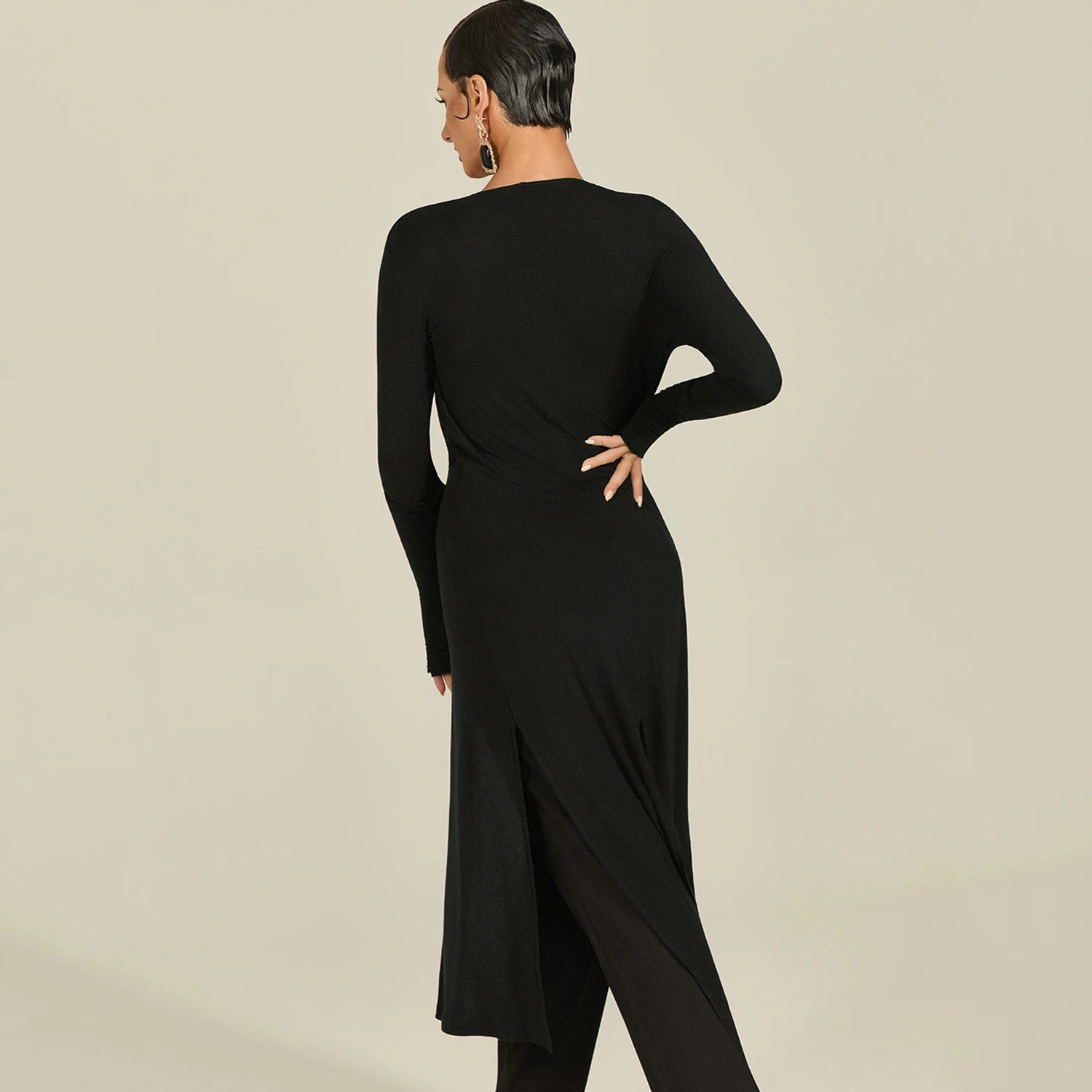 Damska odzież do tańca latynoamerykańskiego, długi płaszcz, długi rękaw, kardigan, strój do ćwiczeń, czarne okrycie wierzchnie, model SS1033