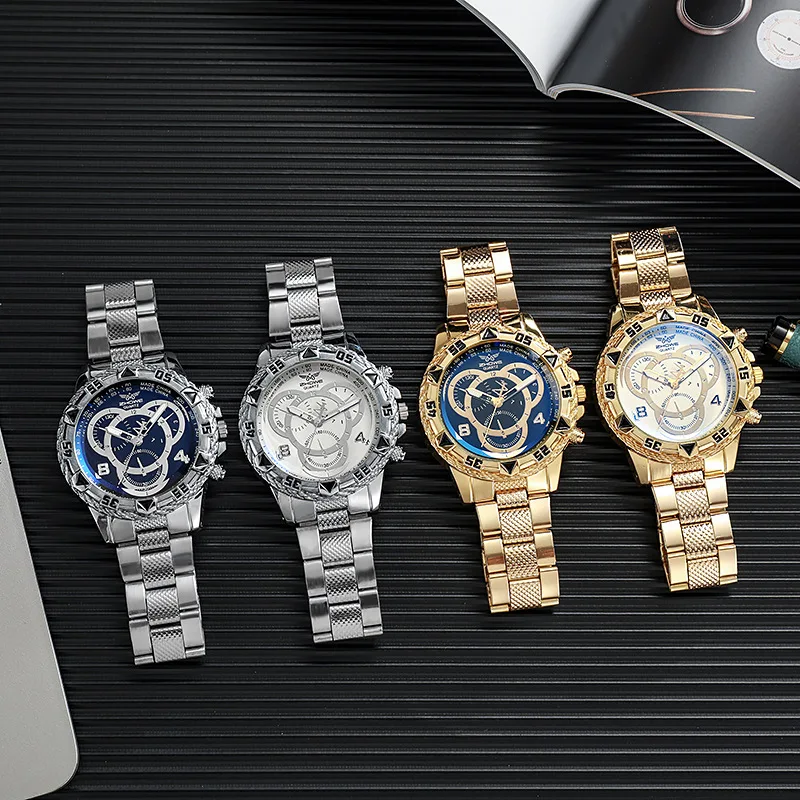 Luxury Men\'s Quartz Watch Classic Business Men Wristwatch Large Dial Alloy Steel Strip Blue Light Three Eye Men\'s Quartz Watch