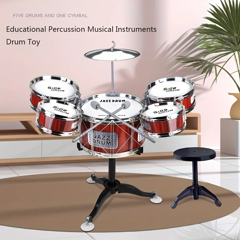 Kids Drum Set Musical Toy Drum Kit for Toddlers Jazz Drum Set with Stool, 2 Drum Sticks, Cymbal and 5 Drums Musical Instruments