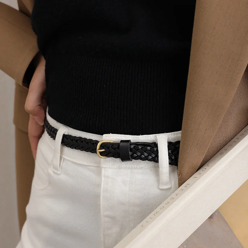 2.5cm Woman Handmade Woven Belt Women's Fashionable and Versatile Gold Color Needle Buckle Genuine Leather Woven Strap Belts