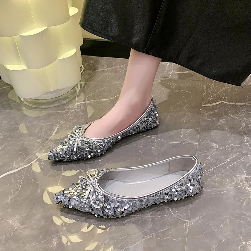 Mary Jane-zapatos de punta estrecha para mujer, zapatillas planas versátiles y lisas con lentejuelas brillantes, suela suave poco profunda, 2024