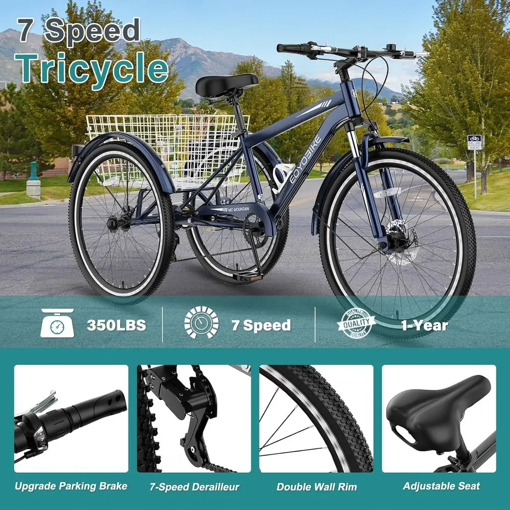 Unisex 7-Speed 3-Wheel Mountain Bike with Front Disc Brake Suspension And Rear Basket for Adults Supports up to 350lbs