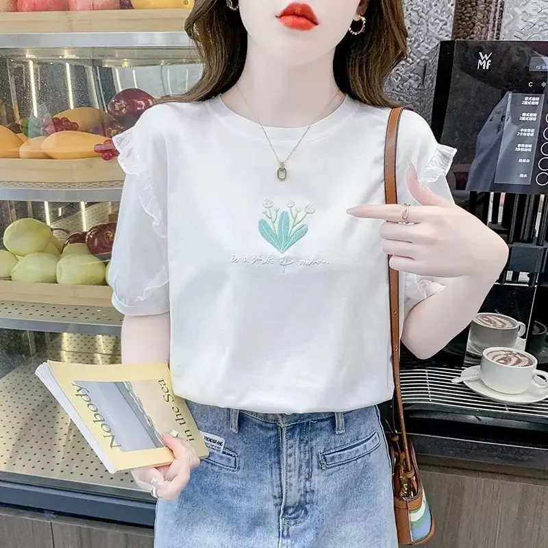 Women Trendy Ruffle Printed Sweet Kawaii Chic Cotton All Match T Shirt Summer Casual Streetwear Short Sleeve Y2K Tops Camisetas