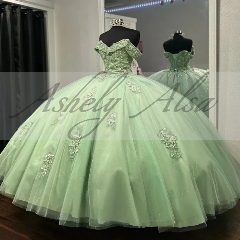 Personalizado Luz Verde Quinceanera Vestidos Para 15 16 Meninas Cap Sleeve Lace Applique Bow Puffy Prom Party Vestidos De 15 Años