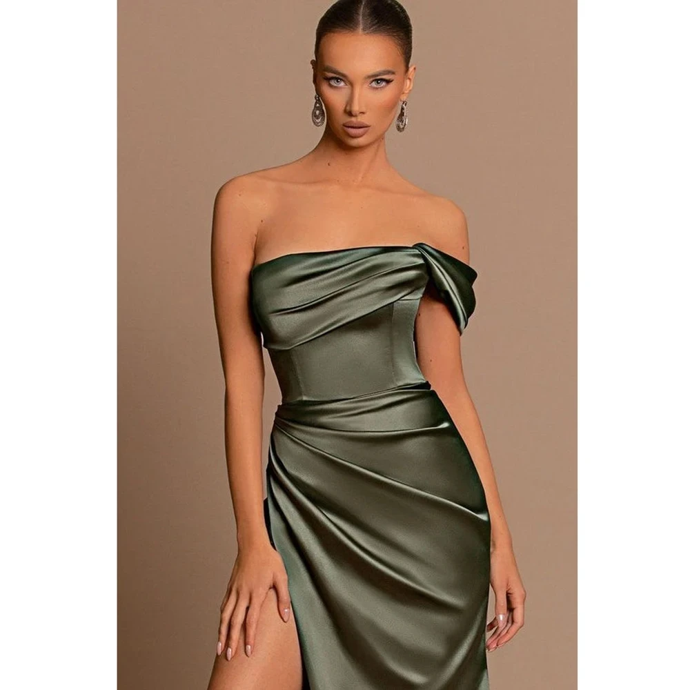 Elegante vestido de noite feminino fora do ombro, Verde Cetim, Divisão alta, Busto Ruched Cintura, Plissado, Baile, Vestido de festa formal, 2022, Verde