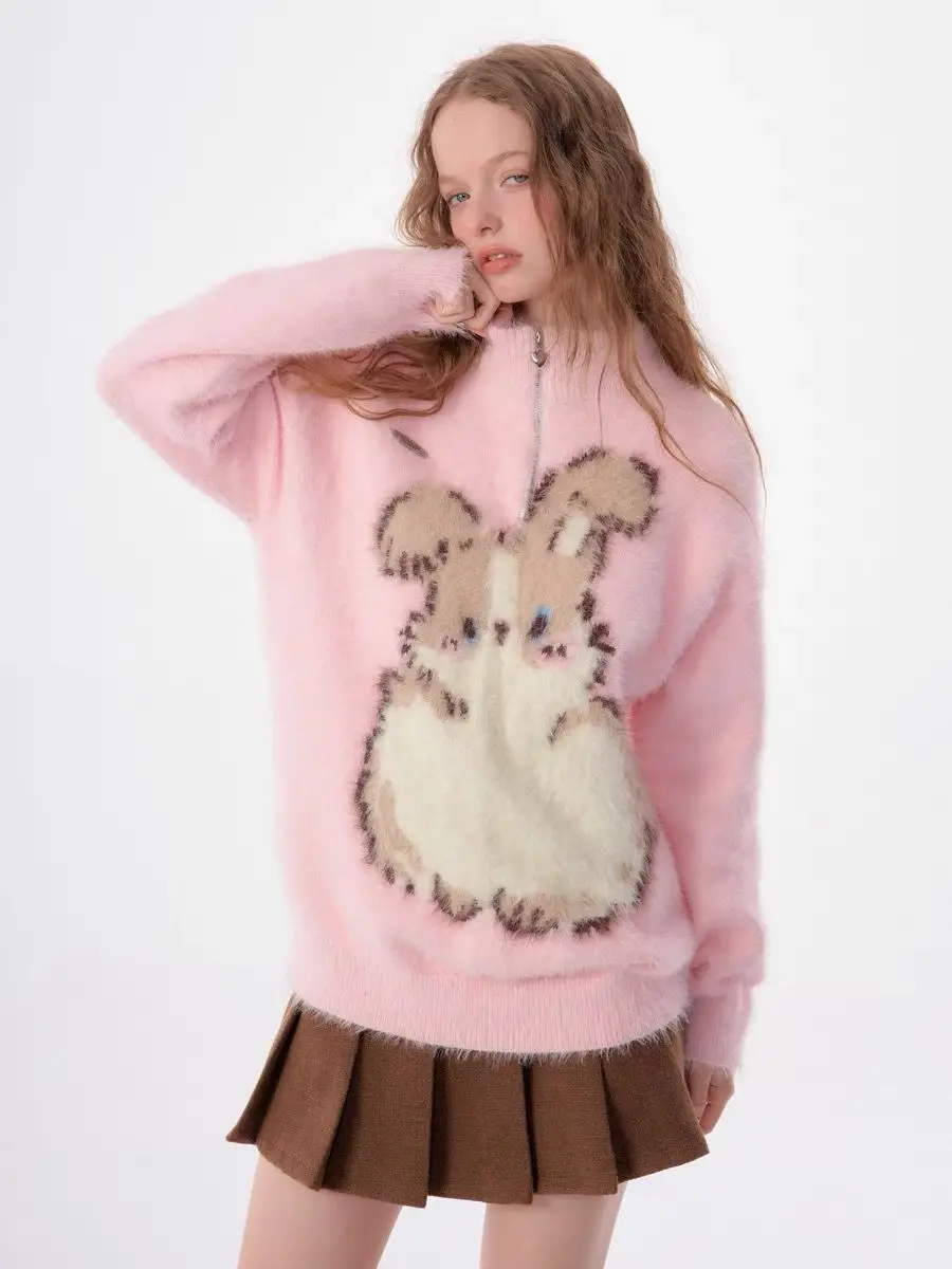 Zipper Stand Collar Plush Pink Sweaters for Girls Cute Rabbit Y2K Printed Kawaii Winter Coats Women Lovely Oversized Korean Tops