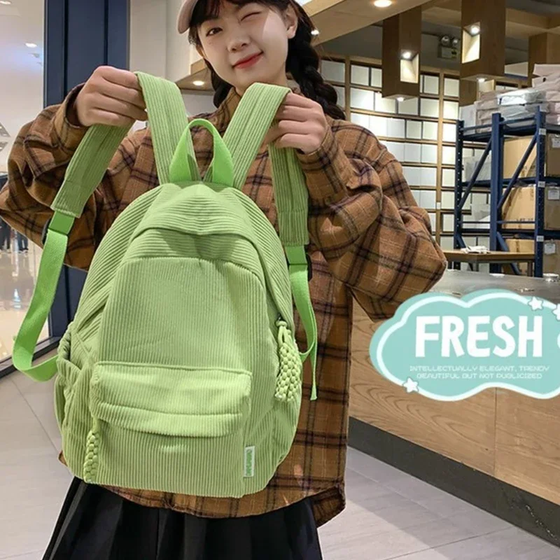 Large Capacity Schoolbag Girls Student Pure Color Corduroy Canvas Backpack Simple Shoulder Rucksack Backpack Strap Bag Campus