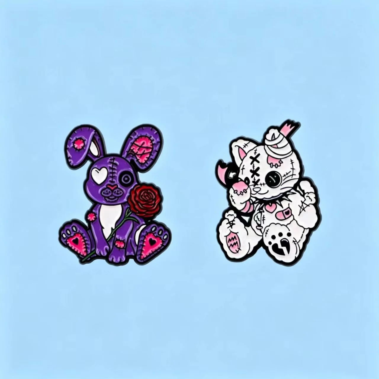 2Pcs Dark Gothic Voodoo Bunny Cat Brooch Set Broken Stitch Animal Enamel Pins Badge For Jacket Bag Decor Gift For Y2K Girls