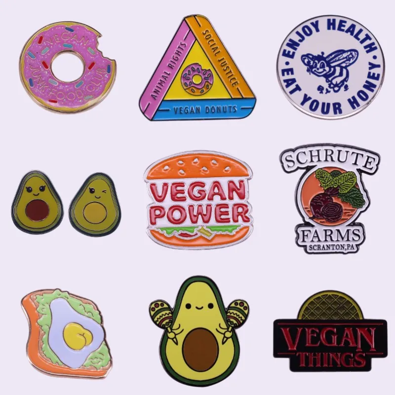 Vegetarianism Enamel Pin Hamburger Donut Toast Avocado Carrot Pussy Vegetarian Vegetables Metal Badge Cartoon Brooches Wholesale